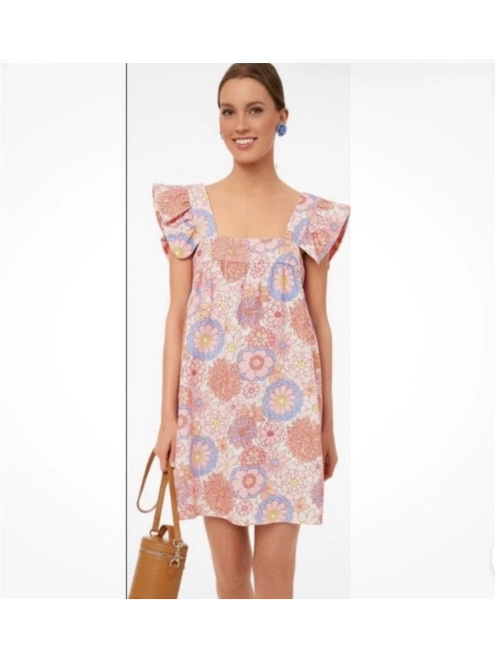 Floral Square-Neck Flutter Sleeve Dress in Pink